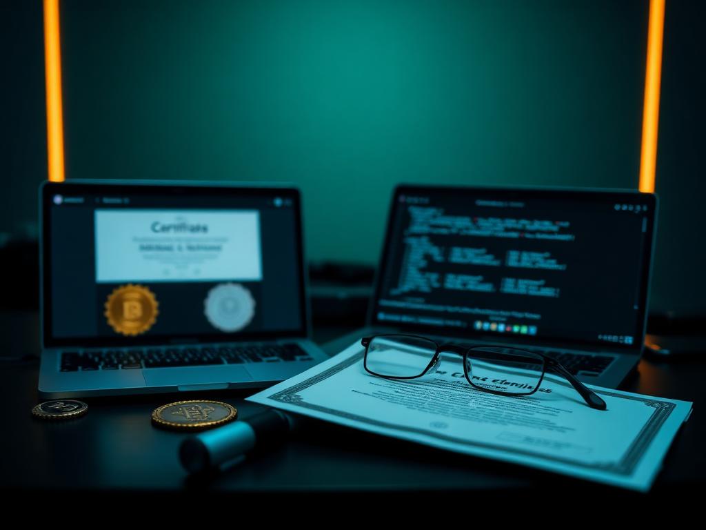 Professional certifications, diploma, and laptop on a desk