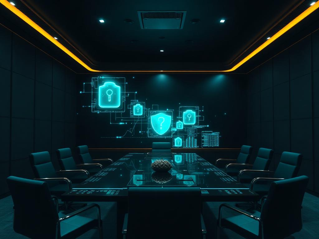 Boardroom with holographic cybersecurity frameworks