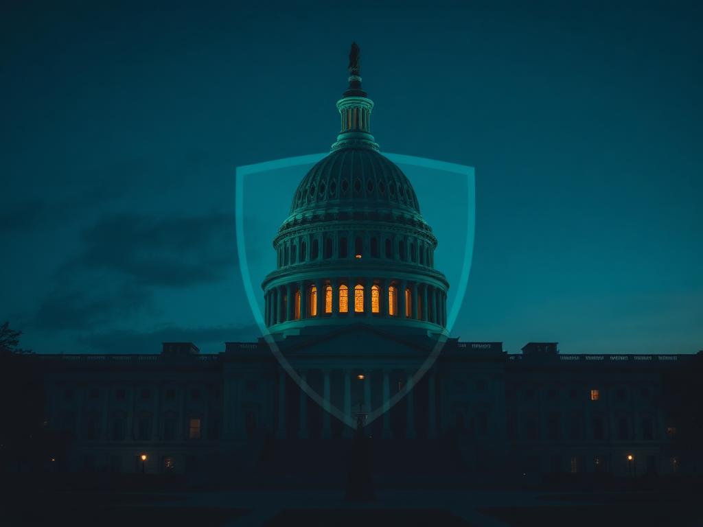 US Capitol building at dusk with a shield overlay