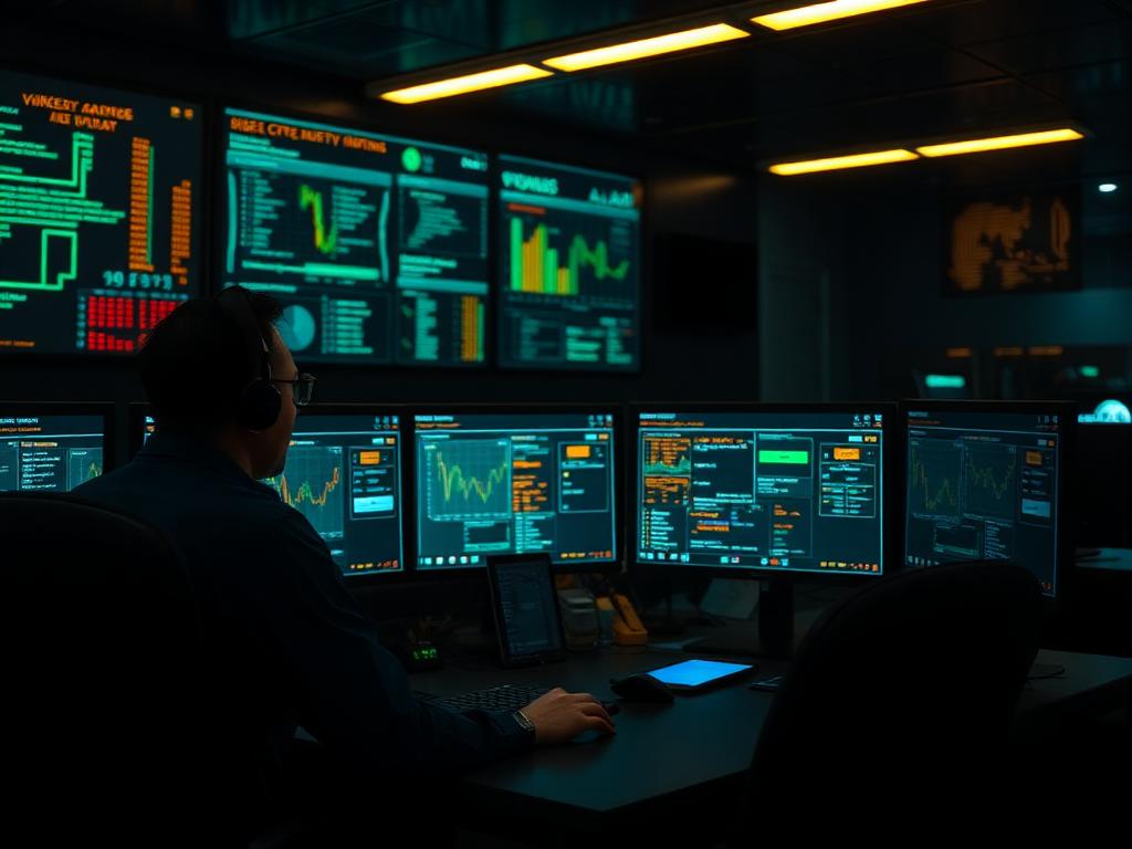 Security analyst monitoring dashboards in a SOC